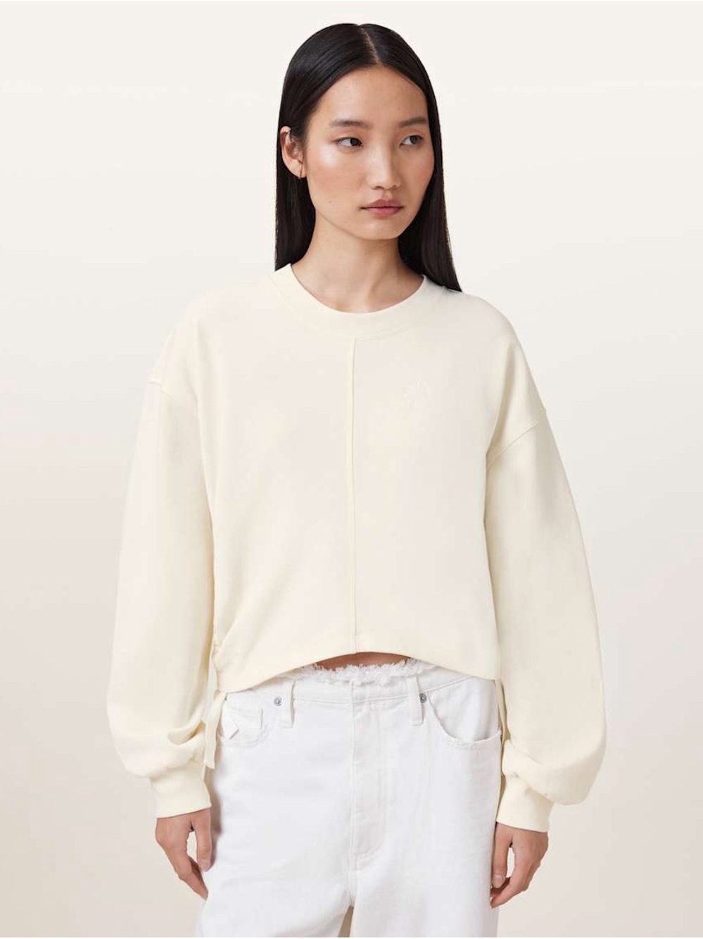AllSaints Cream Crewneck Sweatshirt Side Ties Ruching Organic Cotton Cropped